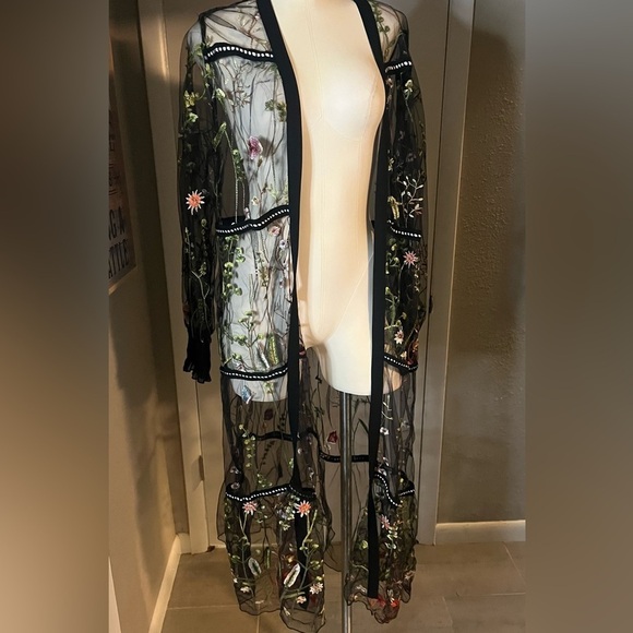 Adore Tops - Black lace dress duster cardigan maxi length embroidered with flowers by Adore